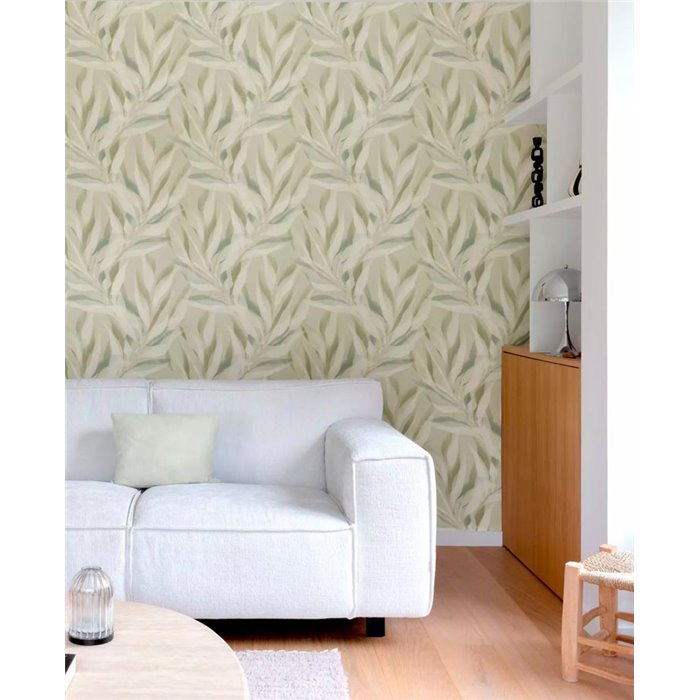 Grandeco|Abstract floral leaves blurred green wallpaper|Wallpaper