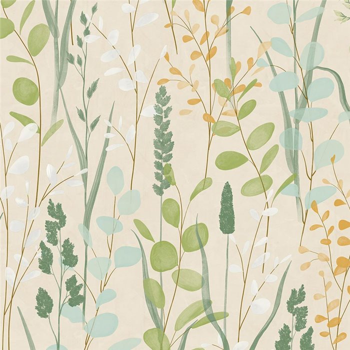 Grandeco|Papel pintado floral escandinavo beige y verde acuarela|Floral