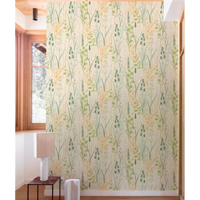 Grandeco|Papel pintado floral escandinavo beige y verde acuarela|Floral