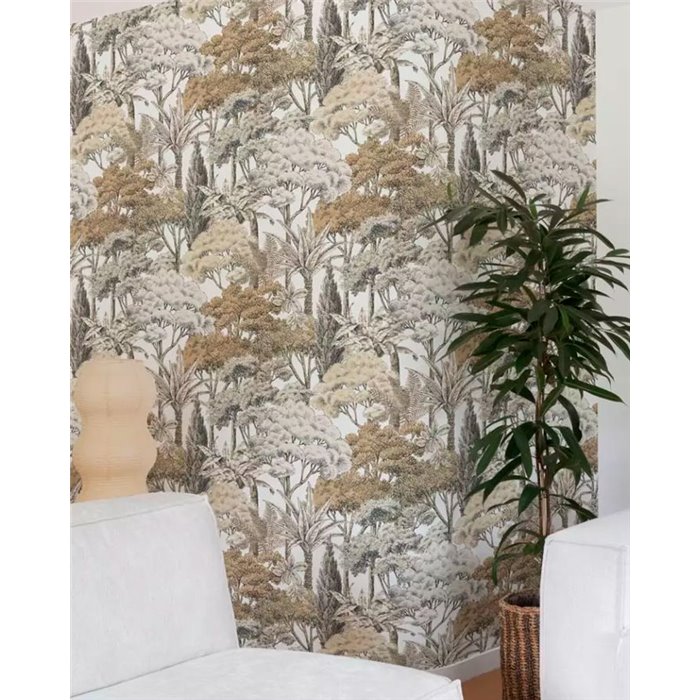 Grandeco|Papel pintado paisaje selva tropical gris y beige|Papel Pintado