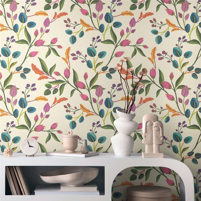 Papeldecor|Illustrated Cream White Floral Wallpaper|Wallpaper