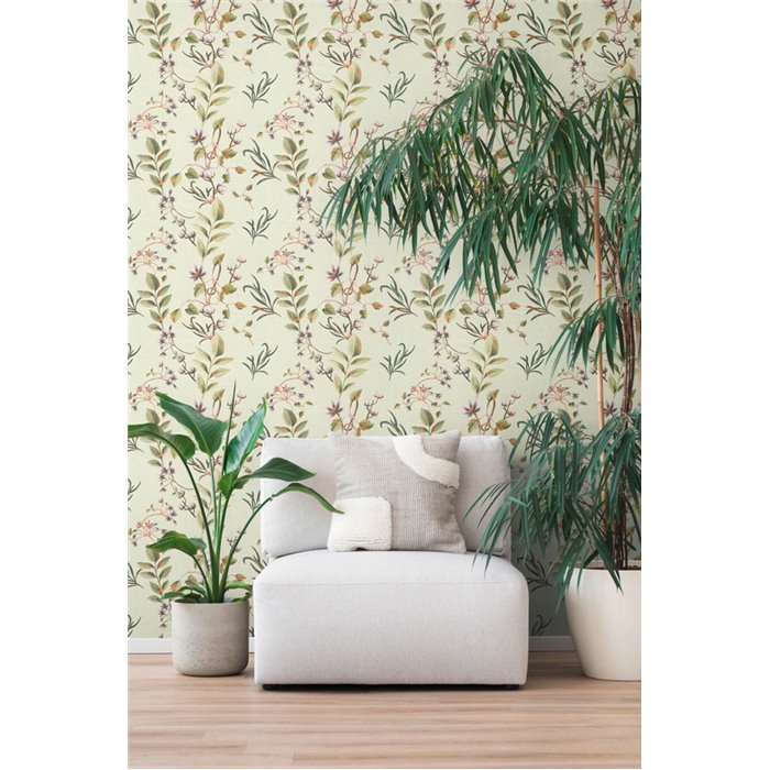 Papeldecor|Botanical wallpaper green branches, leaves and flowers|Romantic