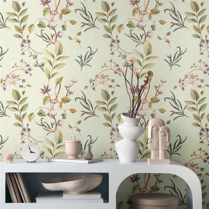 Papeldecor|Papier peint botanique vert  branches, feuilles et fleurs|Romantique