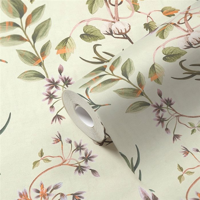 Papeldecor|Vliestapete botanisch grün Zweige, Blätter und Blumen|Romantisch