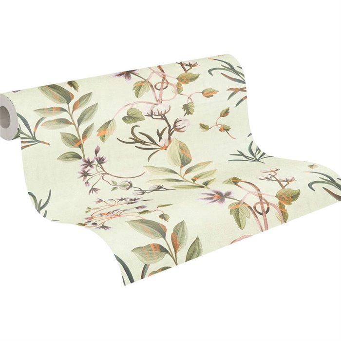 Papeldecor|Papier peint botanique vert  branches, feuilles et fleurs|Romantique
