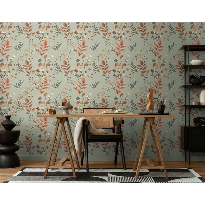 Papeldecor|Vliestapete botanisch grau Zweige, Blätter und Blumen|Romantisch