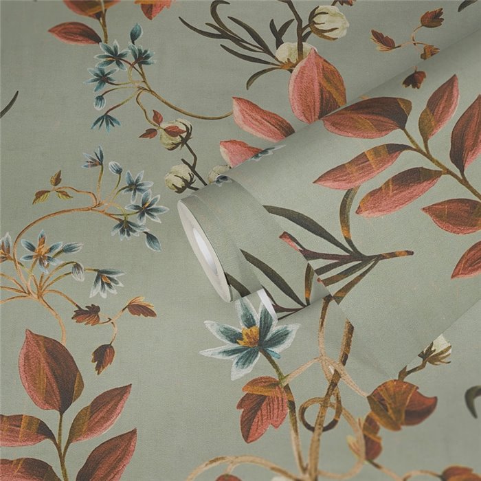 Papeldecor|Botanical wallpaper grey branches, leaves and flowers|Romantic
