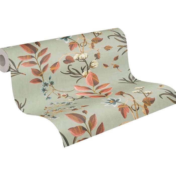 Papeldecor|Vliestapete botanisch grau Zweige, Blätter und Blumen|Romantisch