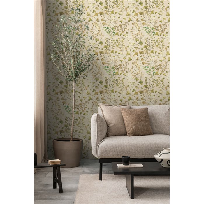 Papeldecor|Papier peint botanique beige : feuilles de ginkgo|Floral