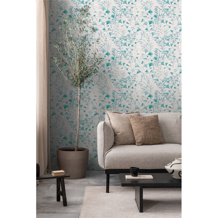 Papel pintado botánico turquesa: hojas ginkgo - Papeldecor Painted Petals 2028782234