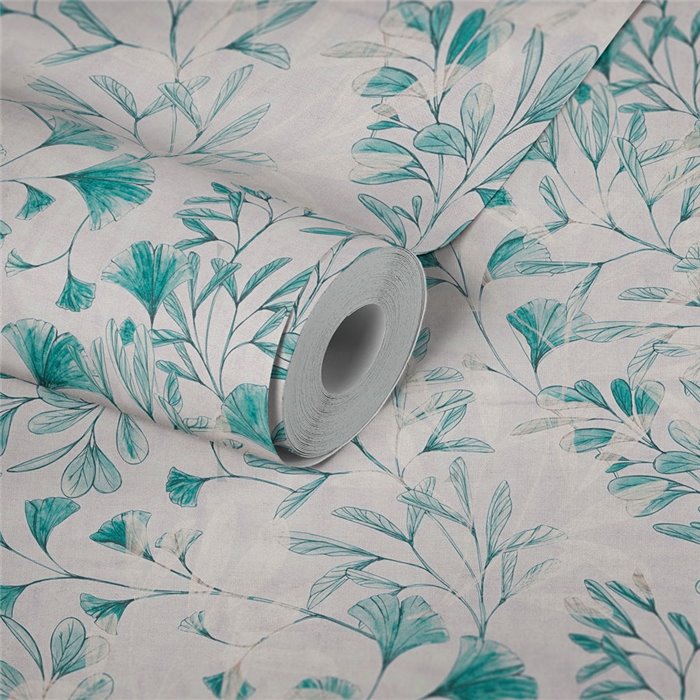 Papeldecor|Botanical wallpaper turquoise: ginkgo leaves|Floral
