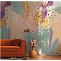 Papeldecor|Mural pared tropical tonos lila mostaza y verde|Murales de Pared