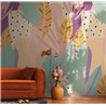 Papeldecor|Mural pared tropical tonos lila mostaza y verde|Murales de Pared