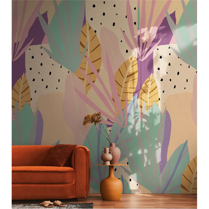 Papeldecor|Papier peint panoramique tropical tons lilas moutarde et vert|Panoramiques