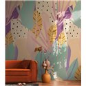 Papeldecor|Mural pared tropical tonos lila mostaza y verde|Murales de Pared