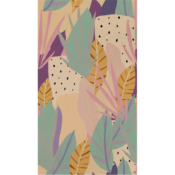 Papeldecor|Papier peint panoramique tropical tons lilas moutarde et vert|Panoramiques