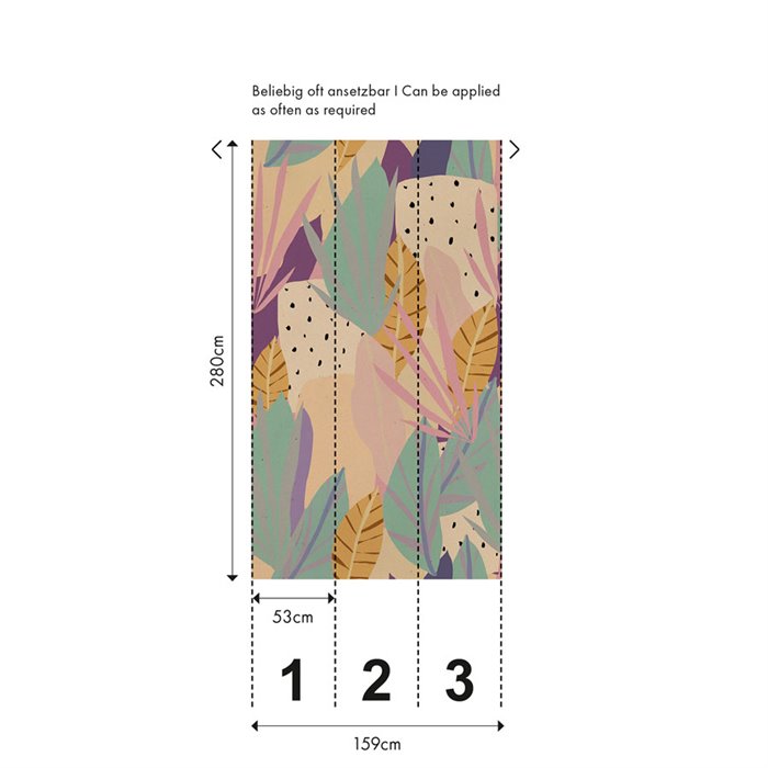 Papeldecor|Papier peint panoramique tropical tons lilas moutarde et vert|Panoramiques