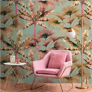 Casadeco|Hippie-chic floral wallpaper in mint green|Tropical