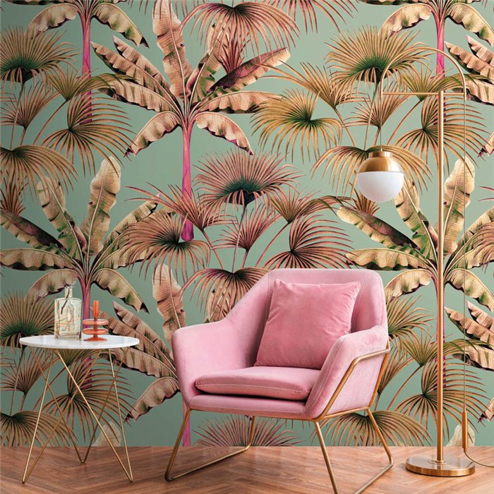 Papeldecor|Mural pared tropical palmeras en verde y rosa|Murales de Pared