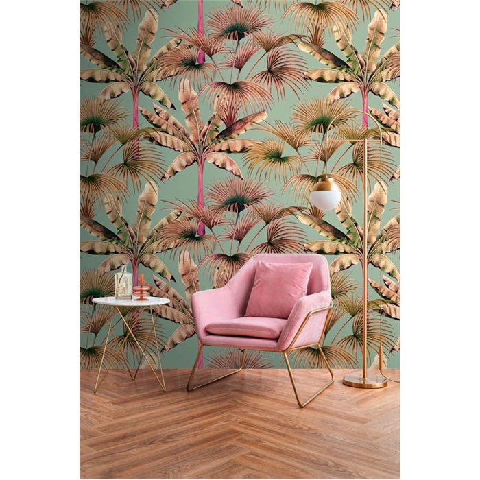 Papeldecor|Papier peint panoramique tropical palmiers vert et rose|Panoramiques
