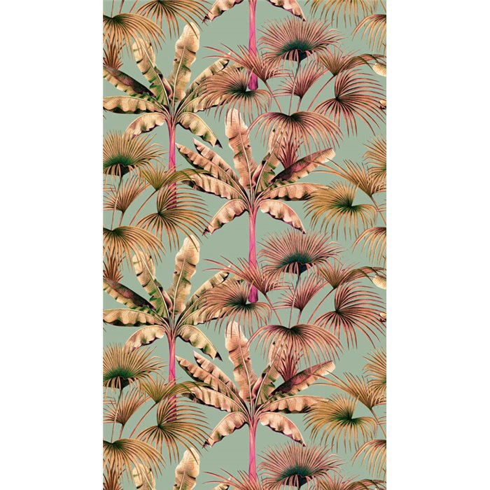 Papeldecor|Papier peint panoramique tropical palmiers vert et rose|Panoramiques