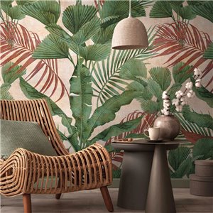 Papeldecor|Mural pared tropical tonos coral y beige|Murales de Pared