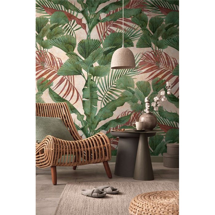 Papeldecor|Papier peint panoramique tropical feuilles vertes et tons terre|Panoramiques