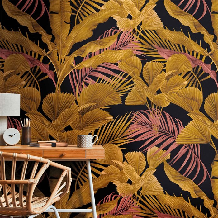 Papeldecor|Mural pared tropical en negro y dorado|Murales de Pared