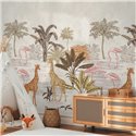 Papeldecor|Papier peint panoramique safari avec girafes flamants et flore|Panoramiques