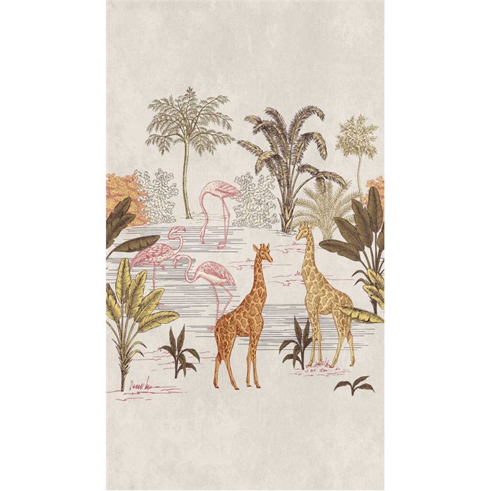 Papeldecor|Wandbild Safari mit Giraffen Flamingos und Flora|Wandbild