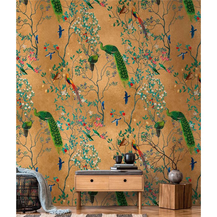 Papeldecor|Papier peint panoramique chinoiserie oiseaux et fleurs coloré|Panoramiques