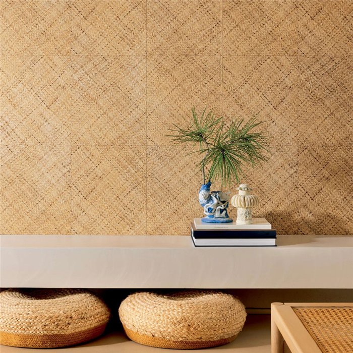 Elitis|Wallpaper with golden honey braided rattan effect|Raffia Imitation