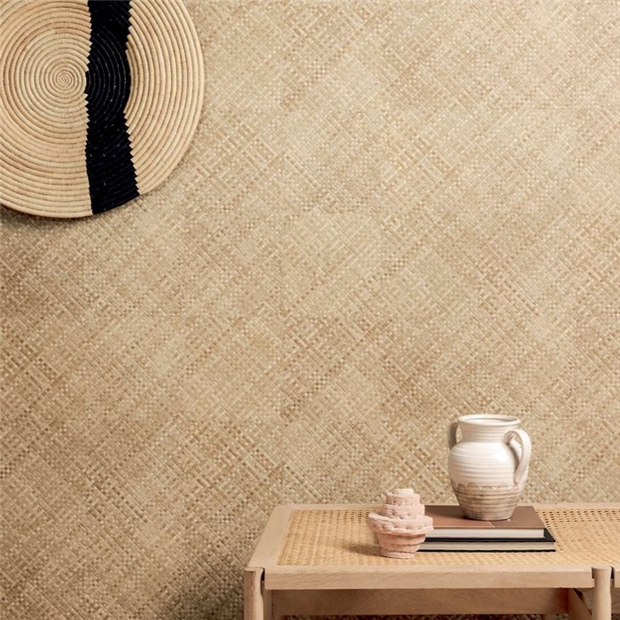 Elitis|Vinyl-Tapete mit Palmenblättern in Sandbeige|Raffiaimitation