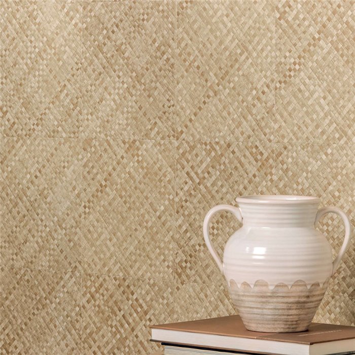 Elitis|Vinyl-Tapete mit Palmenblättern in Sandbeige|Raffiaimitation