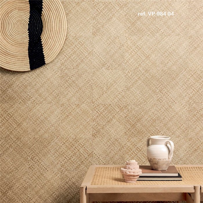 Elitis|Tapete mit geflochtenen Palmenblättern in Cremebeige|Raffiaimitation