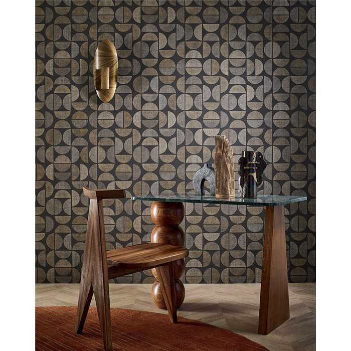 Casamance|Papier peint bois raphia géométrique noir|Moderne