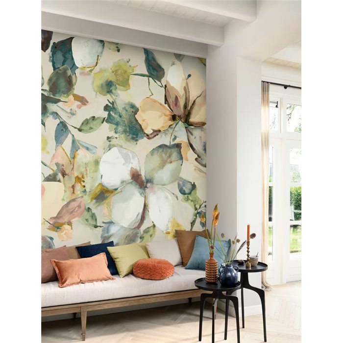 Mural pared magnolias efecto acuarela verde pastel - Rasch Florentine IV 367553
