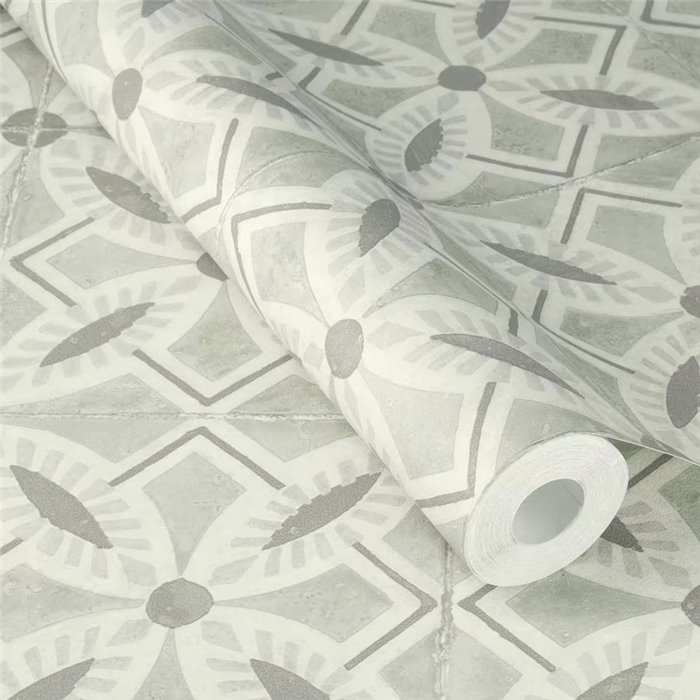 Rasch|Papier peint carreaux portugais gris et vert|Imitation Carreaux