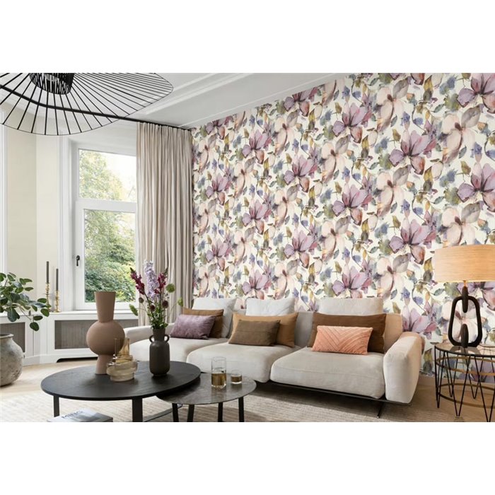 Rasch|Papel pintado floral magnolias acuarela lila|Floral
