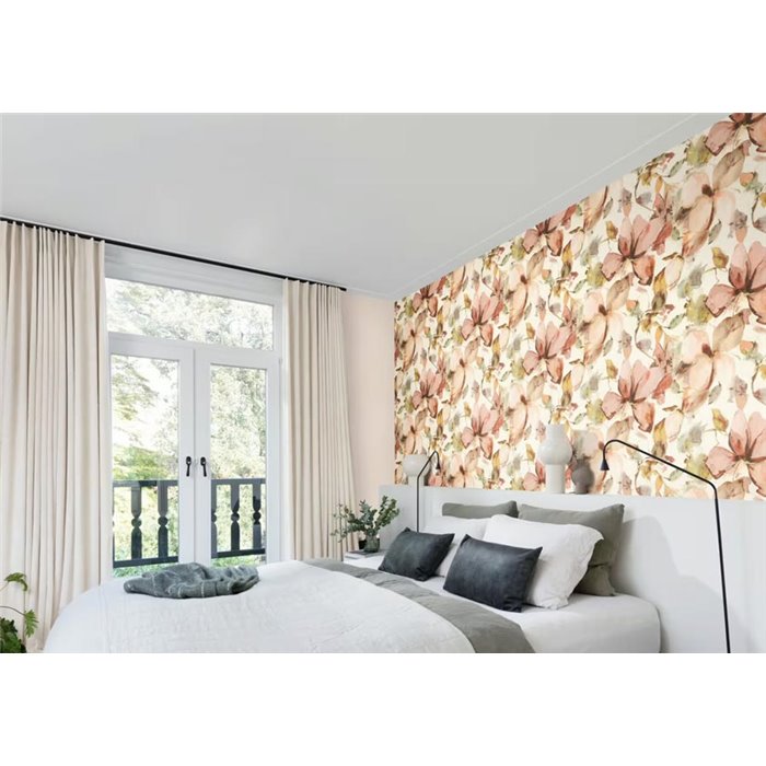 Rasch|Papel pintado flores acuarela magnolias rosas|Floral