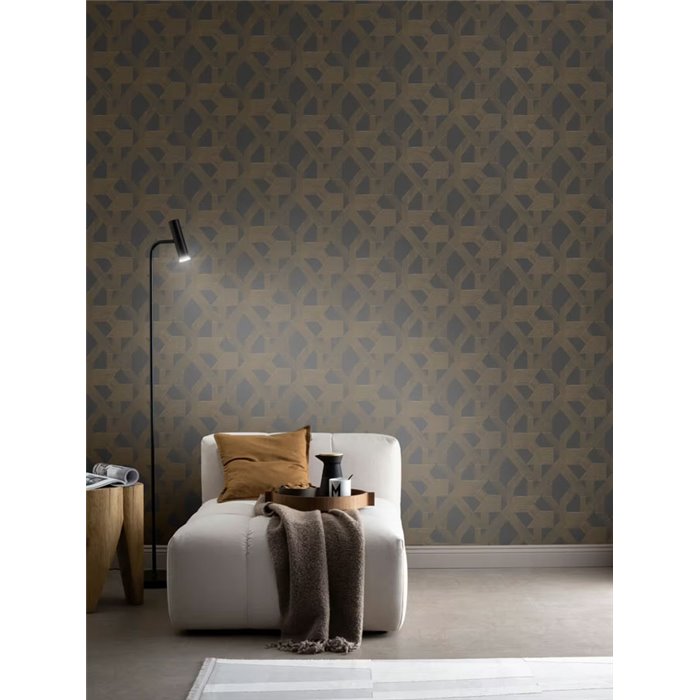 Papel pintado moderno negro dorado, patrón geométrico - Rasch Schöner Wohnen 600445