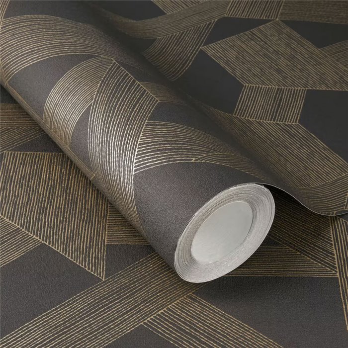 Papel pintado moderno negro dorado, patrón geométrico - Rasch Schöner Wohnen 600445