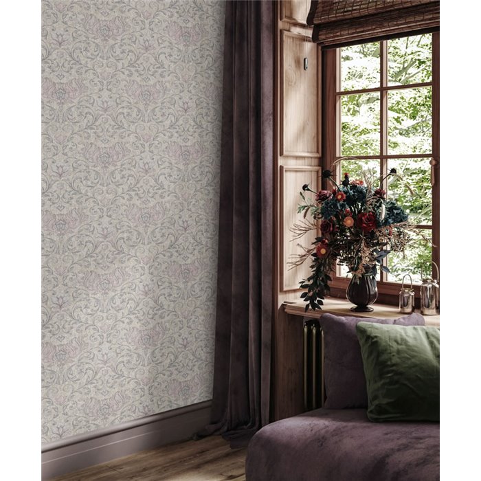 Marburg|Papier Peint baroque gris et rose avec des détails floraux|Damas