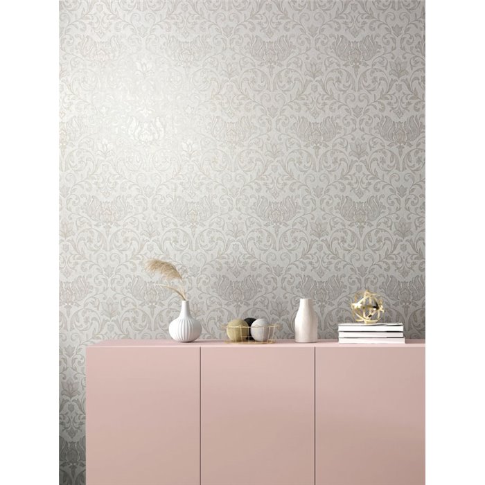Marburg|Papel pintado damasco blanco y beige con flores y volutas|Damasco