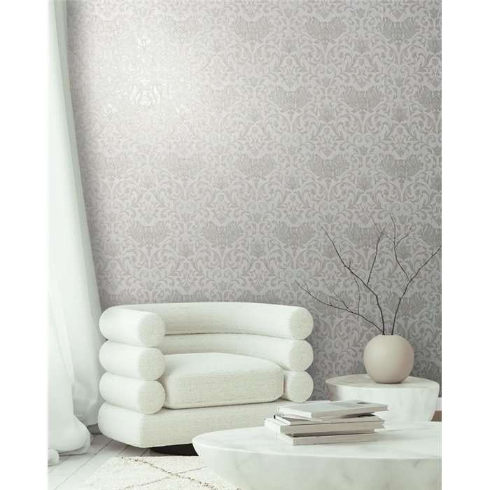 Marburg|Papel pintado damasco blanco y beige con flores y volutas|Damasco