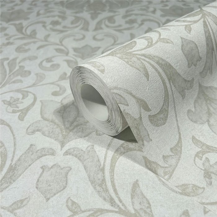 Marburg|Papier Peint damas blanc et beige avec des fleurs et des volutes|Damas