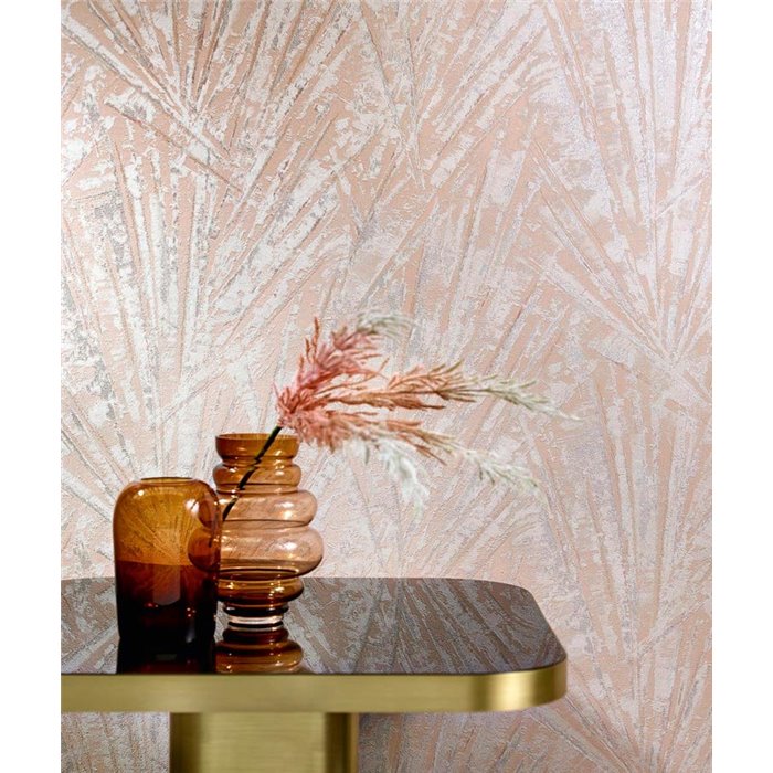 Papel pintado moderno hojas y abanicos, rosa nude y plata - Marburg Papis Loveday 33702