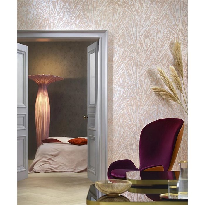 Marburg|Modern wallpaper with leaves and fans, nude pink and silver|Wallpaper