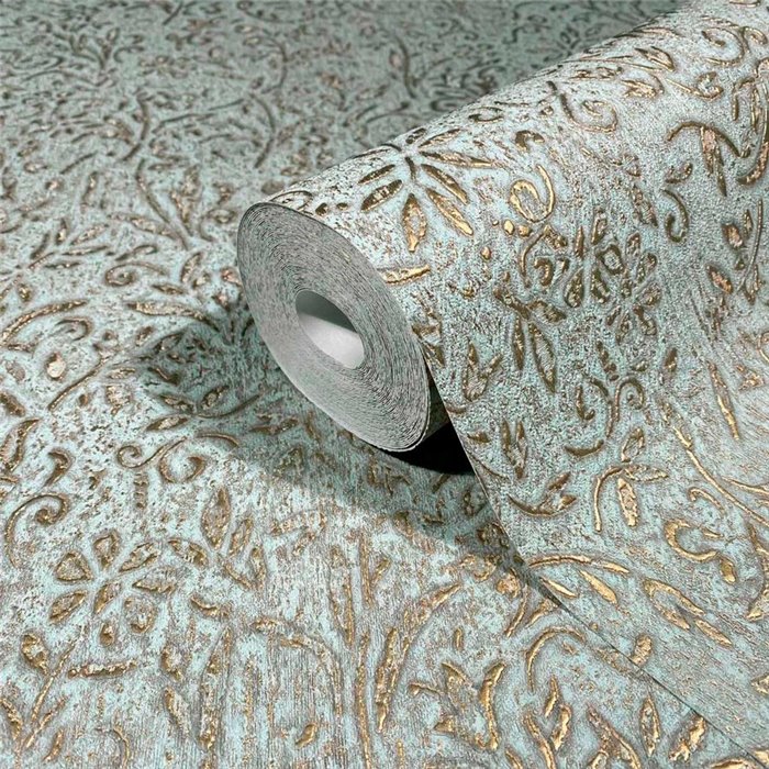 Marburg|Papel pintado floral ornamental dorado y azul damasco|Floral