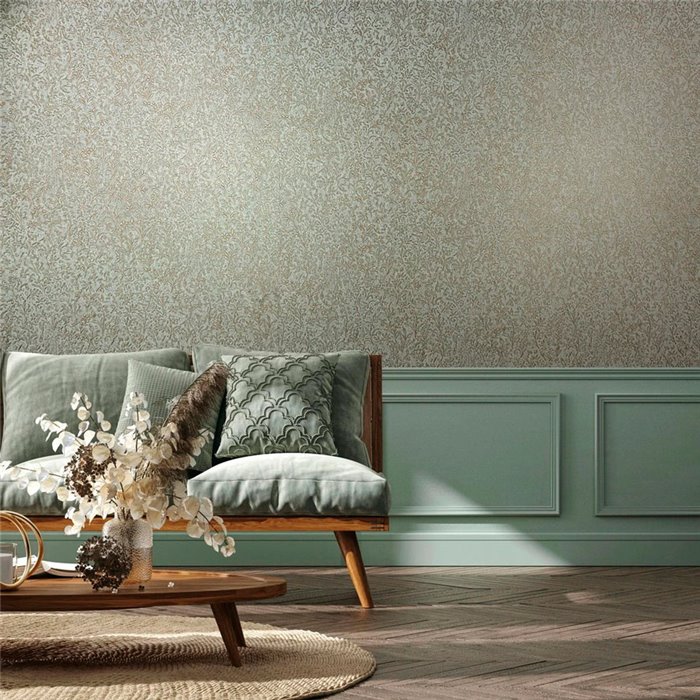 Marburg|Ornamentale Blumen-Tapete in gold und blauem Damast|Blumen